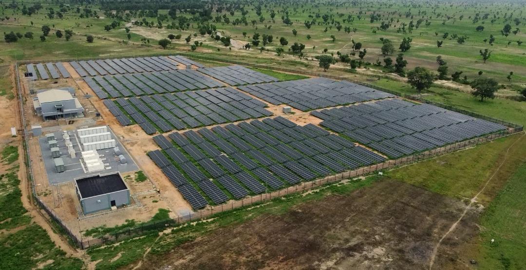 Aerial view of a federal university hybrid solar and battery plant in Nigeria