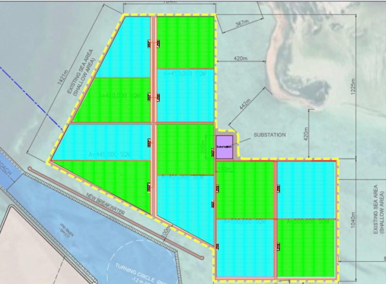 Site layout plan — PV blocks, substation and breakwater for a 300 MW utility-scale solar project